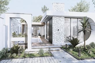 remodel 3d modern house exterior, tropical landscape, outdoor living space decor