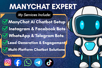 build manychat ai chatbot for instagram, facebook, whatsapp, telegram and tiktok