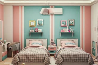 render 3d playroom interior, twin bedroom design,toy storage, functional layout