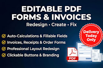 recreate editable fillable PDF invoice forms, redesign receipts, and order forms