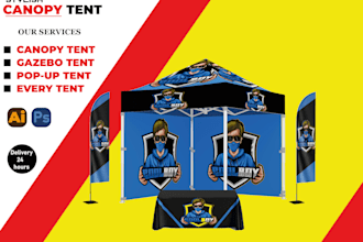 design canopy tent, table cover, flags and backdrop