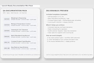 create cosmetic gmp, QA documentation templates sops, specs, batch record