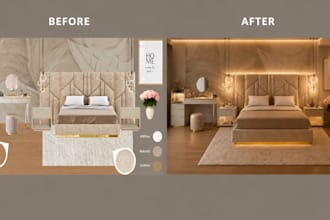 design interior mood board and realistic 3d rendering