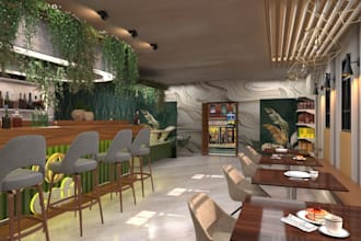 renovate modern cafe interior, cafeteria design, 3d hospitality building render