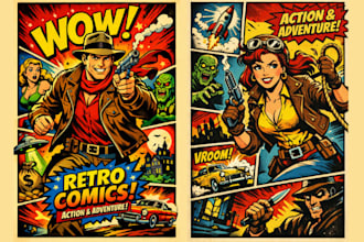 create retro vintage comic book, pop art, and pulp poster illustration