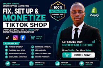 setup tiktok shop, facebook instagram shop, shopify dropshipping store marketing