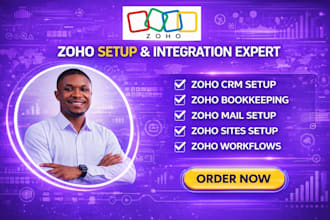 set up zoho CRM, zoho books bookkeeping, zoho mail and zoho sites for business