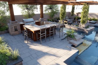 design backyard, hardscape, pool deck, patio, outdoor kitchen, driveway render