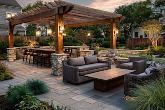 do backyard landscape design, outdoor garden, pool, patio, pergola 3d rendering