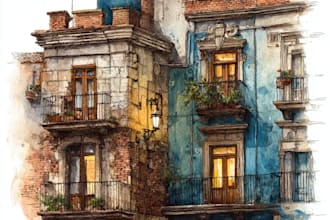 draw handmade watercolor illustration of architecture