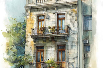 draw handmade watercolor illustration of architecture