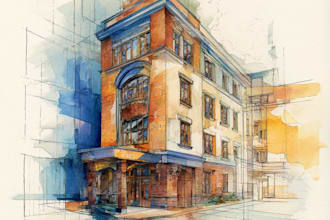 detailed architectural watercolor building sketch