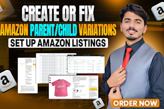 set up amazon product listings and parent child variation listing or fix error