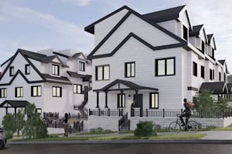 render townhouse development, multi family house,  private outdoor spaces design
