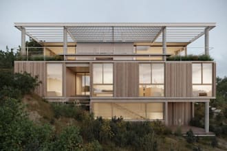 remodel hillside house,sloping terrain building,landscape render,interior design