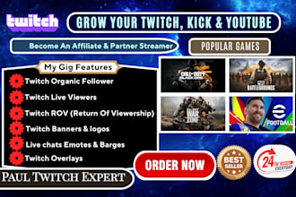 do twitch channel promotion, twitch live viewers, twitch affiliate, partner,logo