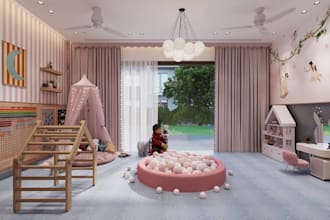 refit  3d pastel interior, children playroom, whimsical design,playground render