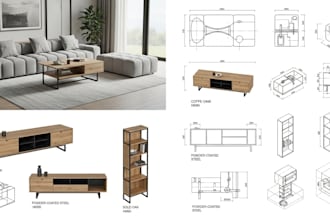 design furniture 3d model rendering and autocad technical drawings