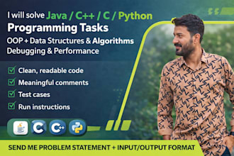 help with java, cpp, c and python programming, oop and dsa