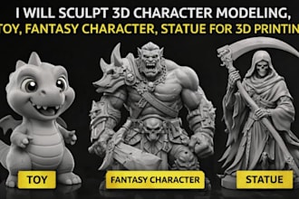 sculpt 3d character modeling, toy, fantasy character, statue for 3d printing