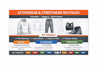 create activewear and streetwear tech pack for hoodies, joggers and sportwear