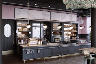 do render 3d interior design, house restaurant, food truck floor plan