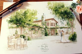 design watercolor wedding venue, save the date, invitation