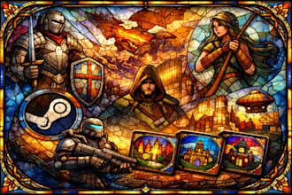 design fantasy stained glass art, steam capsule art, 2d art