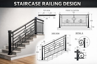 design staircase railings with fabrication ready 2d cad drawings