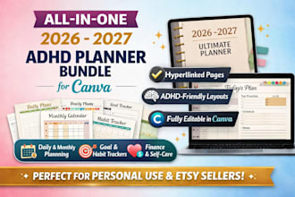 create all in one digital planner 2026 to 2027 adhd planner megabundle for canva