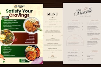 design professional restaurant menu, cocktail menu, catering and drinks flyer