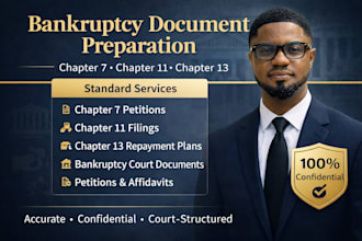 prepare chapter 7, 11 and 13 bankruptcy court document, petitions and affidavits