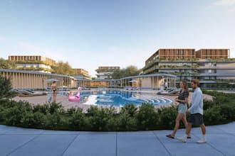 3d apartment visualization, urban housing development, exterior pool area render