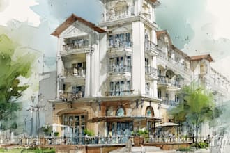 sketch architecture building with watercolor rendering
