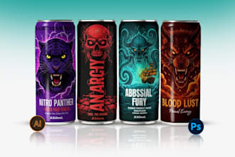create energy drink, soda can, juice and beverage label design