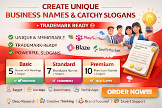 create catchy business name brand name and slogan with trademark cheak