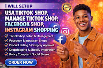 setup USA tiktok shop, manage tik tok shop, facebook shop, instagram shopping