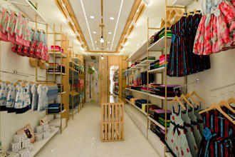 revamp 3d interior design for retail store, shop design, kids clothing, cgi logo
