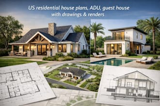 design USA residential house plans, adu, guest house with drawings and renders