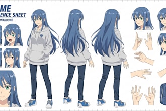 create an anime character reference sheet with clean turnaround