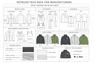 create detailed tech pack for puffer jacket activewear and pyjamas for you