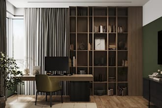 function modern home office, furniture layout space, residential interior render