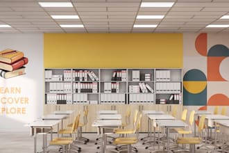 rebuild school interior, library decoration, kids classroom layout,learning area