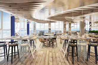 transform 3d seafood lounge,dining hall setup, cgi beach restaurant, cafe render
