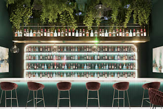 buildup 3d luxury bar stool, restaurant interior,green wall bar,cgi lounge area