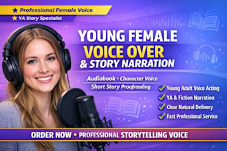 do young adult voice actor, young female voice over, and proofread short stories