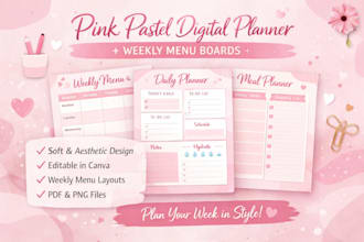 design a pink pastel digital planner and weekly menu planner boards