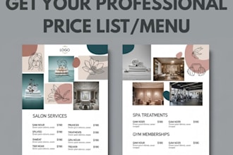 design professional salon spa gym price list, restaurant menu, editable digital