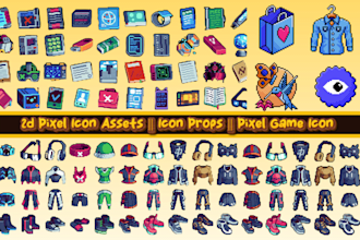 design 2d pixel game icon, 2d pixel art game UI, icons, gui elements game assets