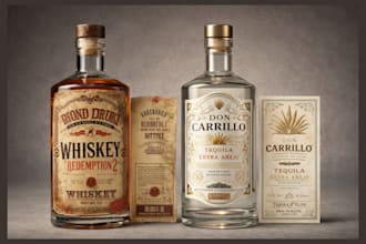 design high end alcohol bottle labels and realistic 3d bottle and can renders